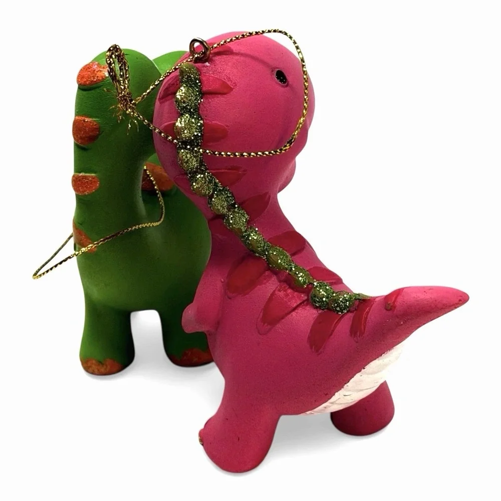 Pink T-Rex & Green Brontosaurus Dinosaur Christmas Tree Ornaments‎ - Lot of (2)